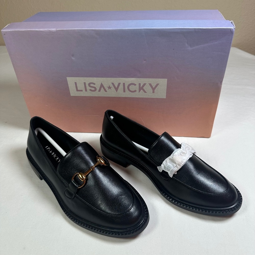 Lisa Vicky Zany-V Black Sheep Nappa‎ Loafers Gold Hardware Women's Size 5M NIB - Picture 2 of 13